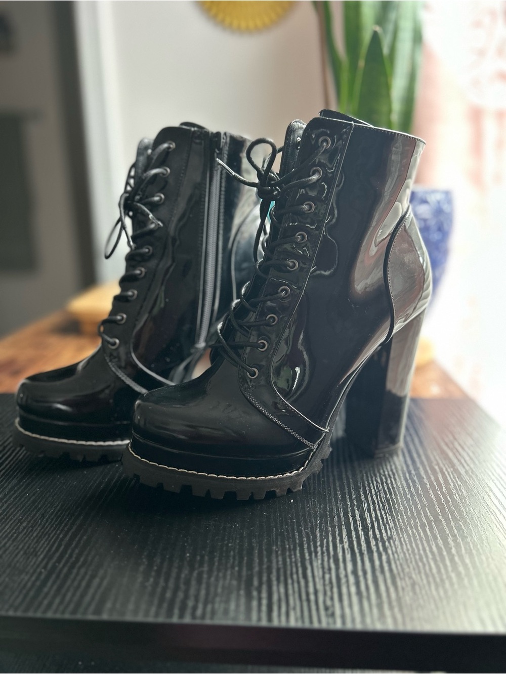 Fashion Nova Women's Sexy Black Patent Lace-Up Platform Ankle Boots-Very Durable